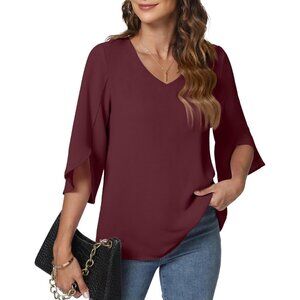 Womens 2024 Casual V-Neck Loose Tunic Top V/Burgundy